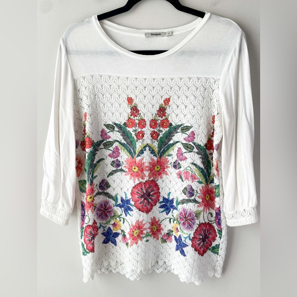 Desigual Womens Brenda Floral Lace Blouse Top M White Crochet Feminine